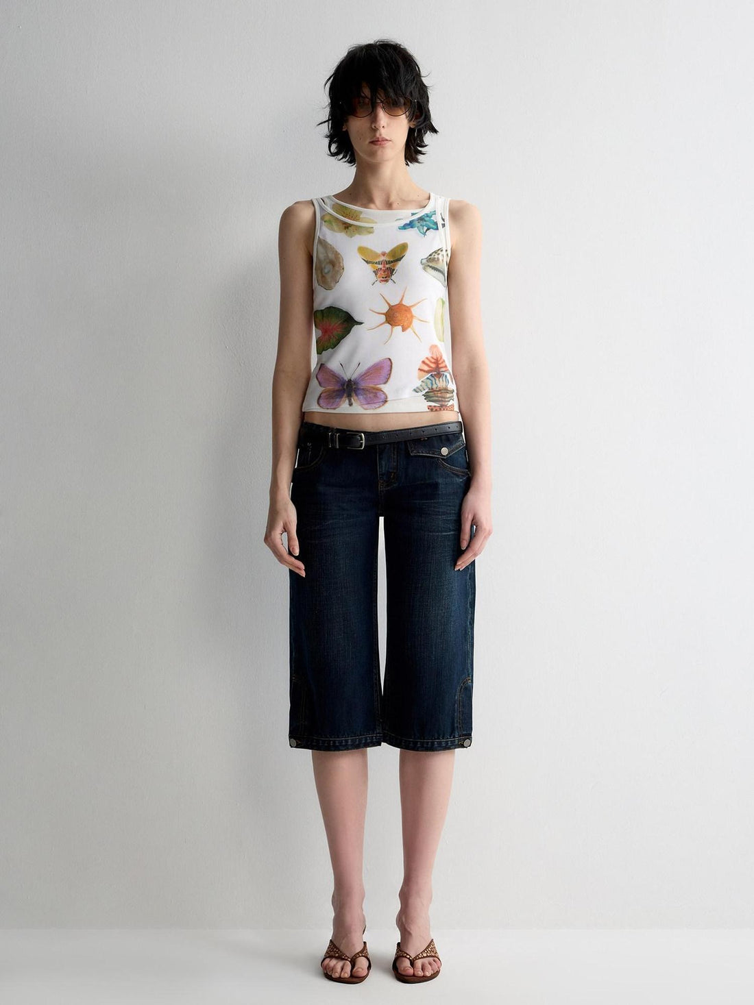 RUN TO THE FUTURE Original Print Asymmetrical Slim Fit Tencel Cropped Animal Women White Tank Tops