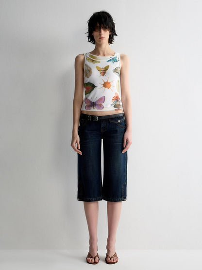 RUN TO THE FUTURE Original Print Asymmetrical Slim Fit Tencel Cropped Animal Women White Tank Tops