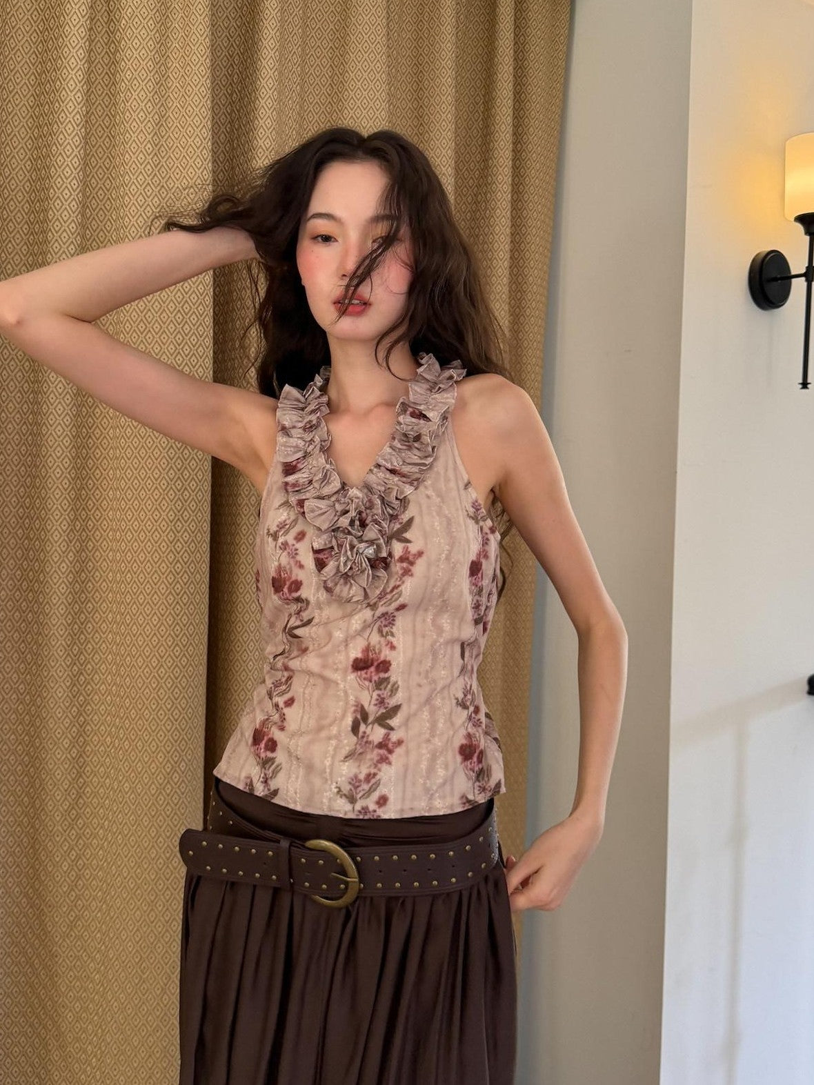9rotic Coffee Brown Pleated Ruched Bubble Hem Women&