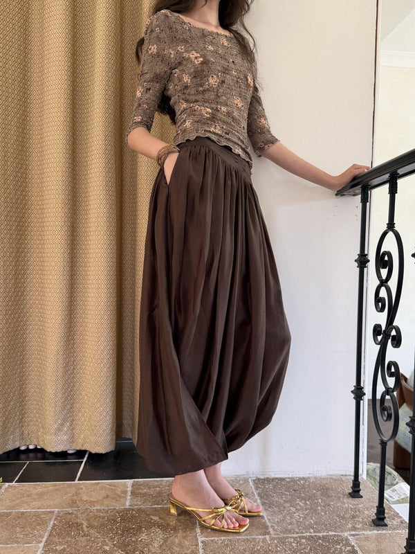 Coffee Brown Pleated Ruched Bubble Hem Women's Lyocell Silk Blend Midi Skirts