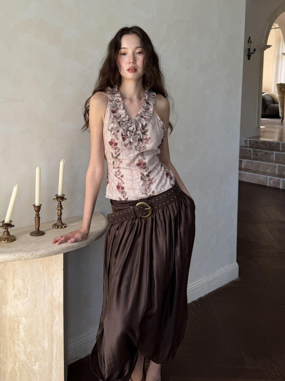 9rotic Coffee Brown Pleated Ruched Bubble Hem Women&