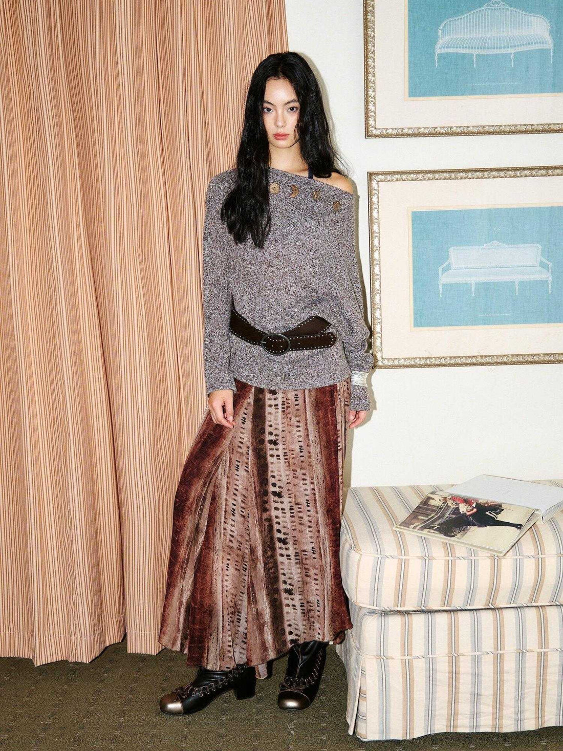 9rotic Dark Purple Vintage Asymmetrical Shoulder Loose Long Sleeve Women Maxi Dresses