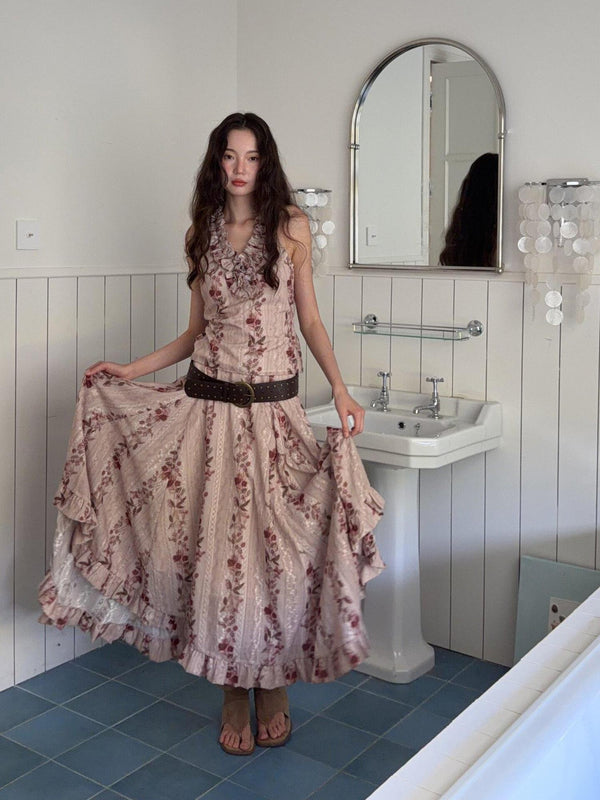 Floral Embroidered V-neck Ruffle Cinched Waist Tie Women's Matching Skirt Sets
