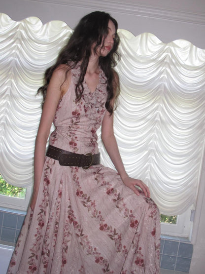 9rotic Floral Embroidered V-neck Ruffle Cinched Waist Tie Women&