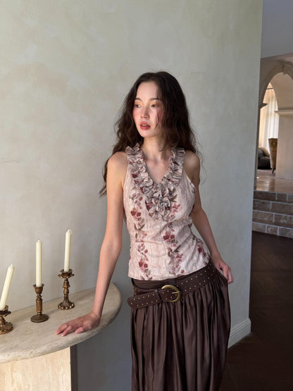 9rotic Floral Embroidered V-neck Ruffle Cinched Waist Tie Women&