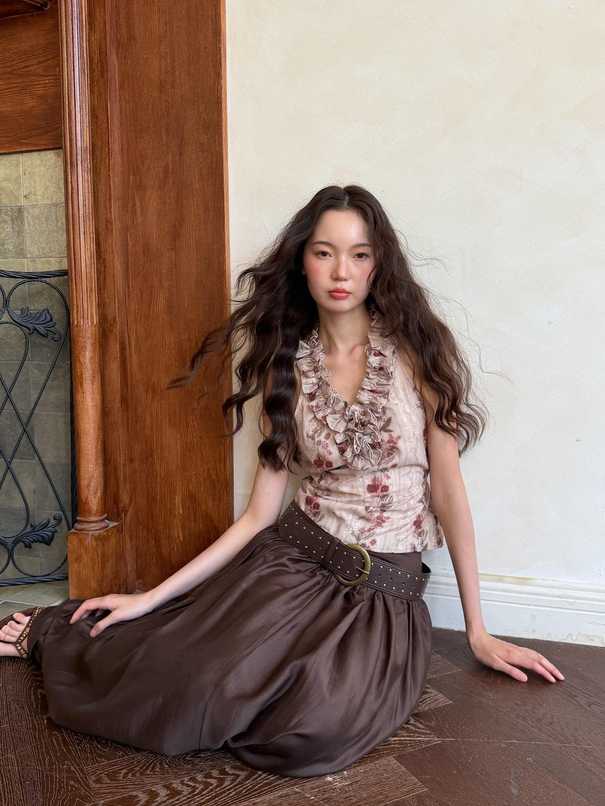 9rotic Floral Embroidered V-neck Ruffle Cinched Waist Tie Women&