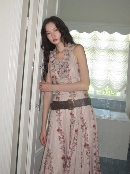 9rotic Floral Embroidered V-neck Ruffle Cinched Waist Tie Women&