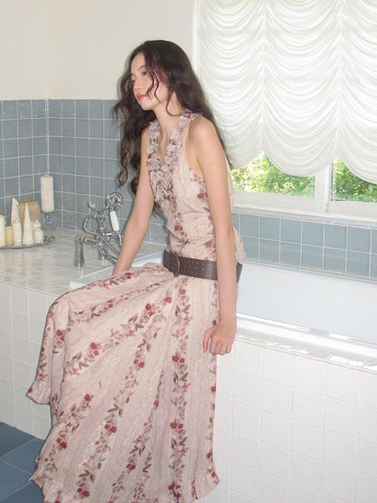 9rotic Floral Embroidered V-neck Ruffle Cinched Waist Tie Women&