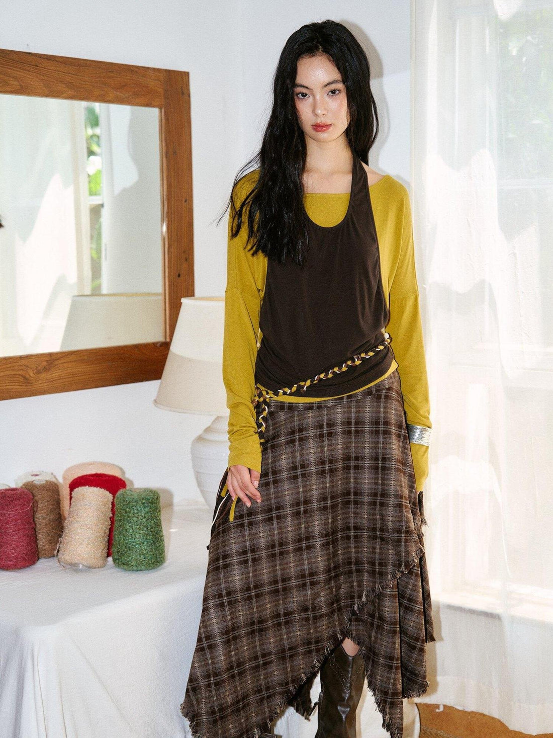 9rotic Frayed Hem Lined Vintage Irregular Flared Mid Waist Women Brown Maxi Skirt