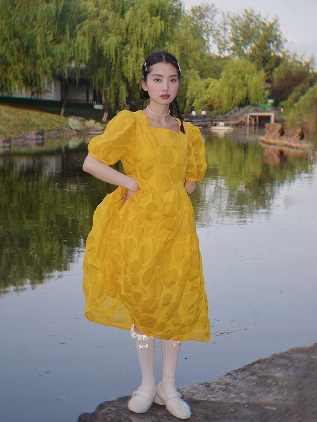 9rotic High Waist Polka Dot A Line Puff Sleeve Square Neck Yellow Mini Dresses