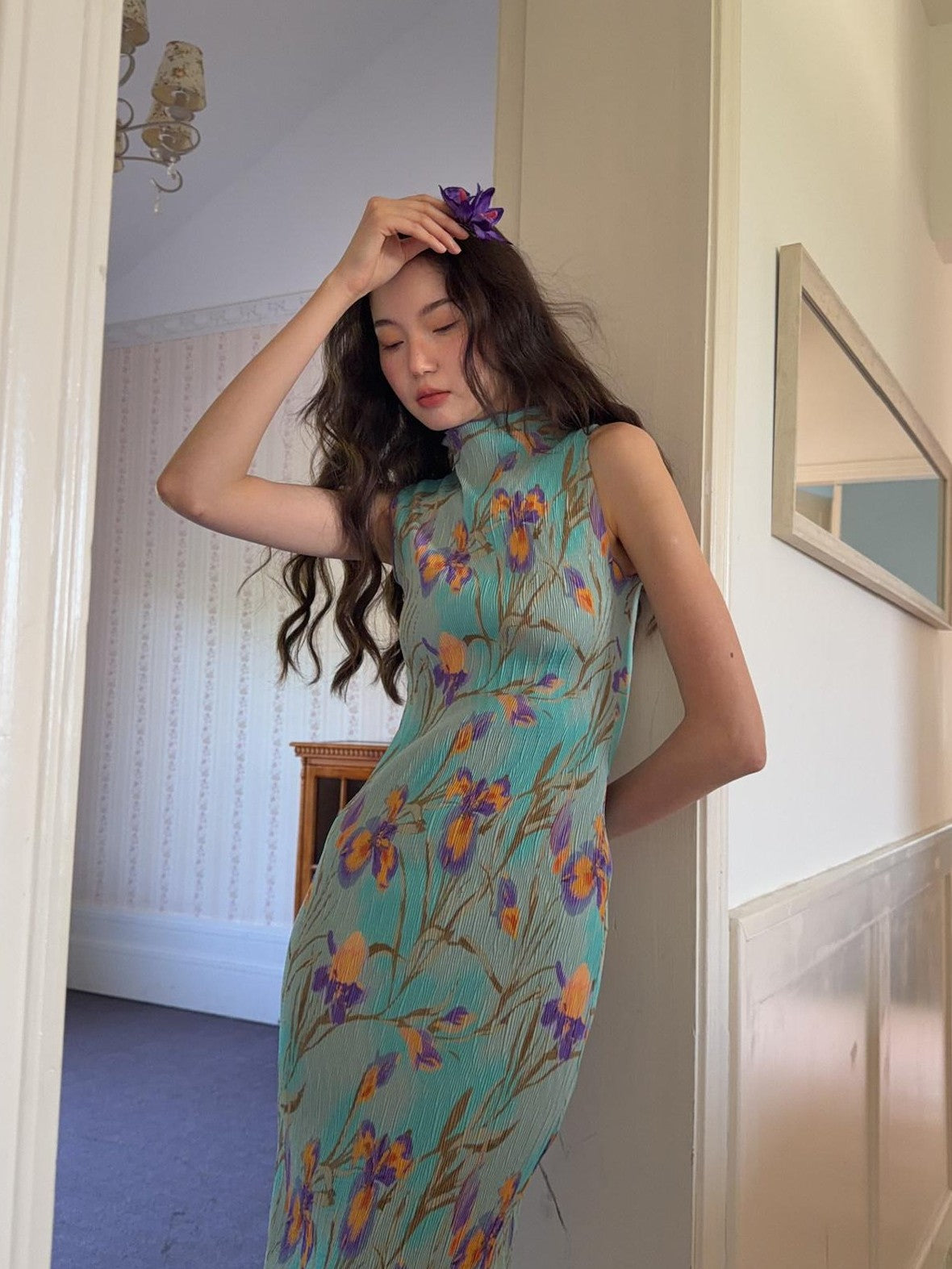 9rotic Mint Green Sleeveless Pleated Iris Print Women&