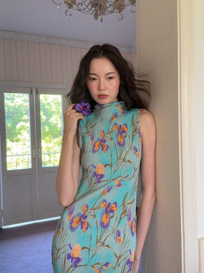 9rotic Mint Green Sleeveless Pleated Iris Print Women&
