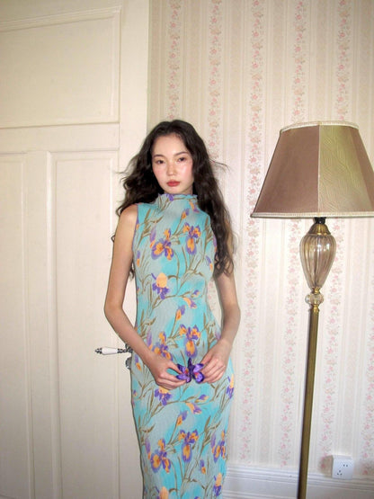 9rotic Mint Green Sleeveless Pleated Iris Print Women&