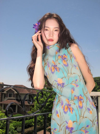 9rotic Mint Green Sleeveless Pleated Iris Print Women&