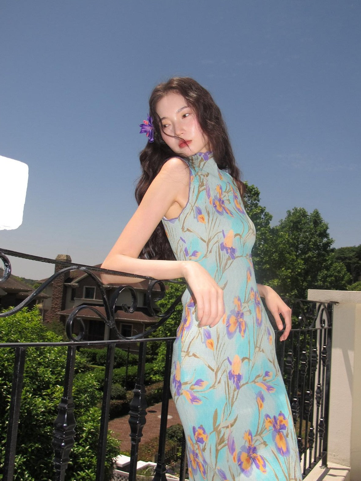 9rotic Mint Green Sleeveless Pleated Iris Print Women&