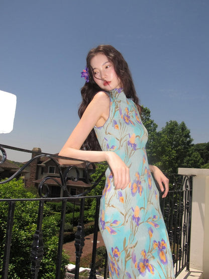9rotic Mint Green Sleeveless Pleated Iris Print Women&