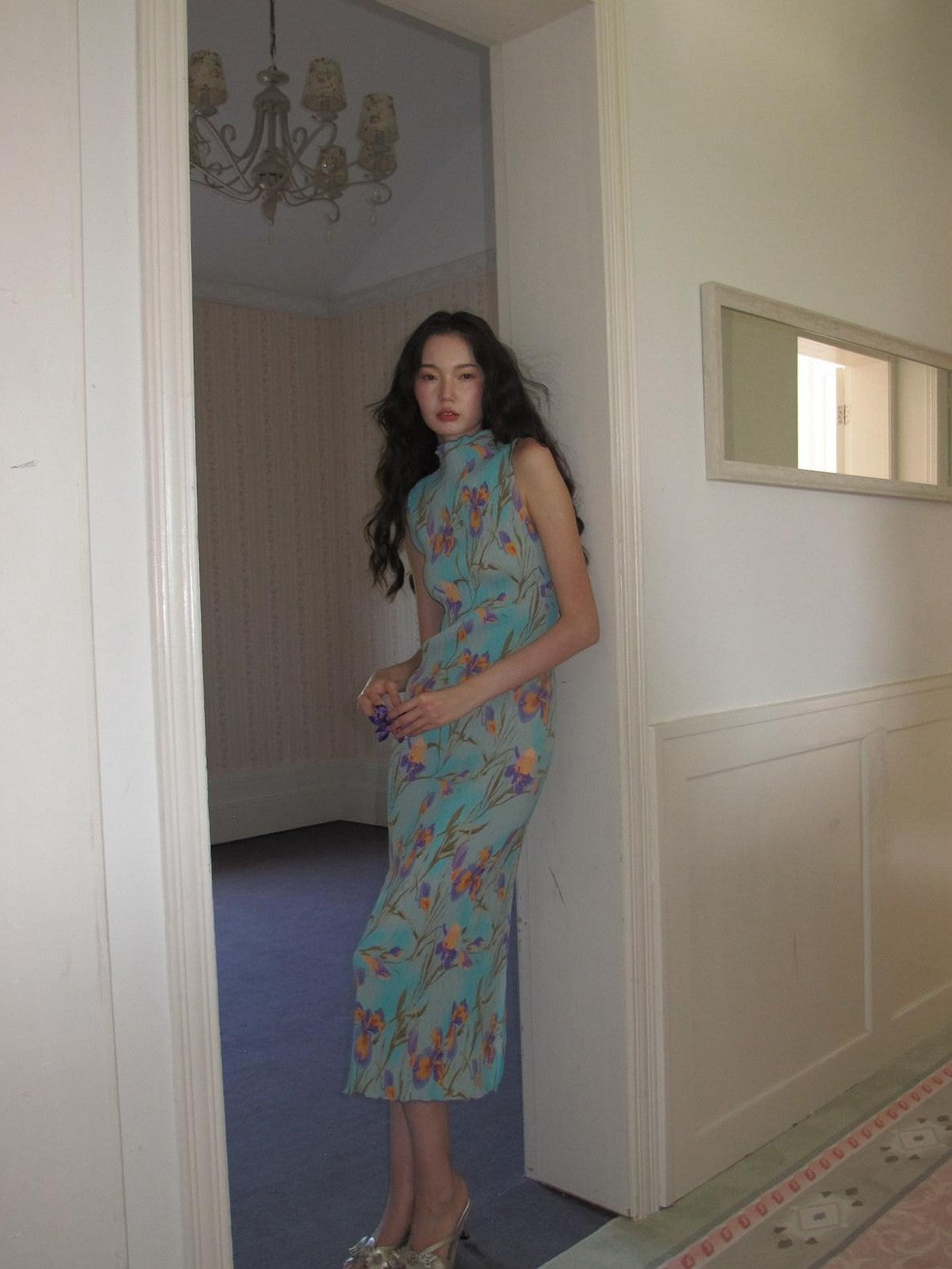 9rotic Mint Green Sleeveless Pleated Iris Print Women&