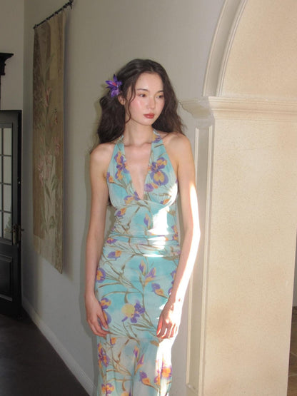 9rotic Mint Iris Floral Shimmer Slim V-neck Tie Women&