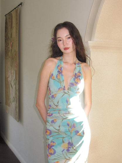 9rotic Mint Iris Floral Shimmer Slim V-neck Tie Women&