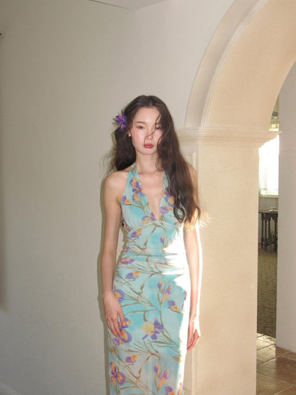 9rotic Mint Iris Floral Shimmer Slim V-neck Tie Women&