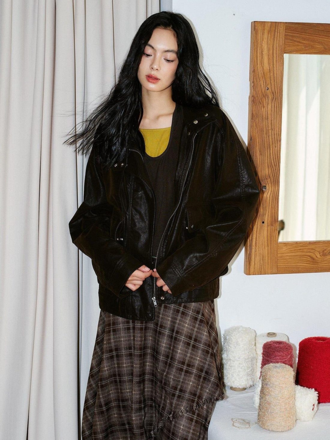 9rotic Original Distressed Stand Collar Long Sleeve Straight Chestnut Viscose T-Shirt