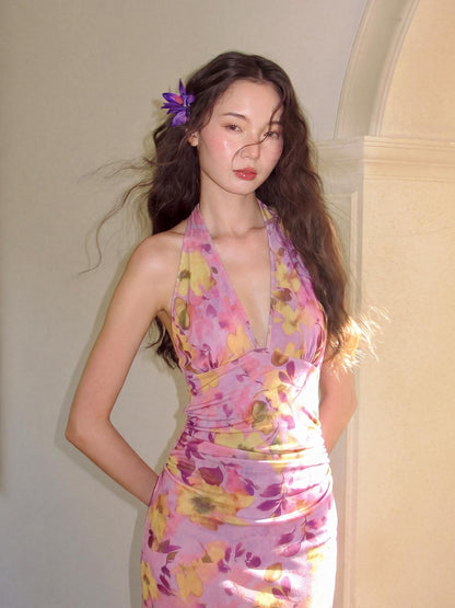 9rotic Purple Ombre Hibiscus V-neck Tie Waist Women&