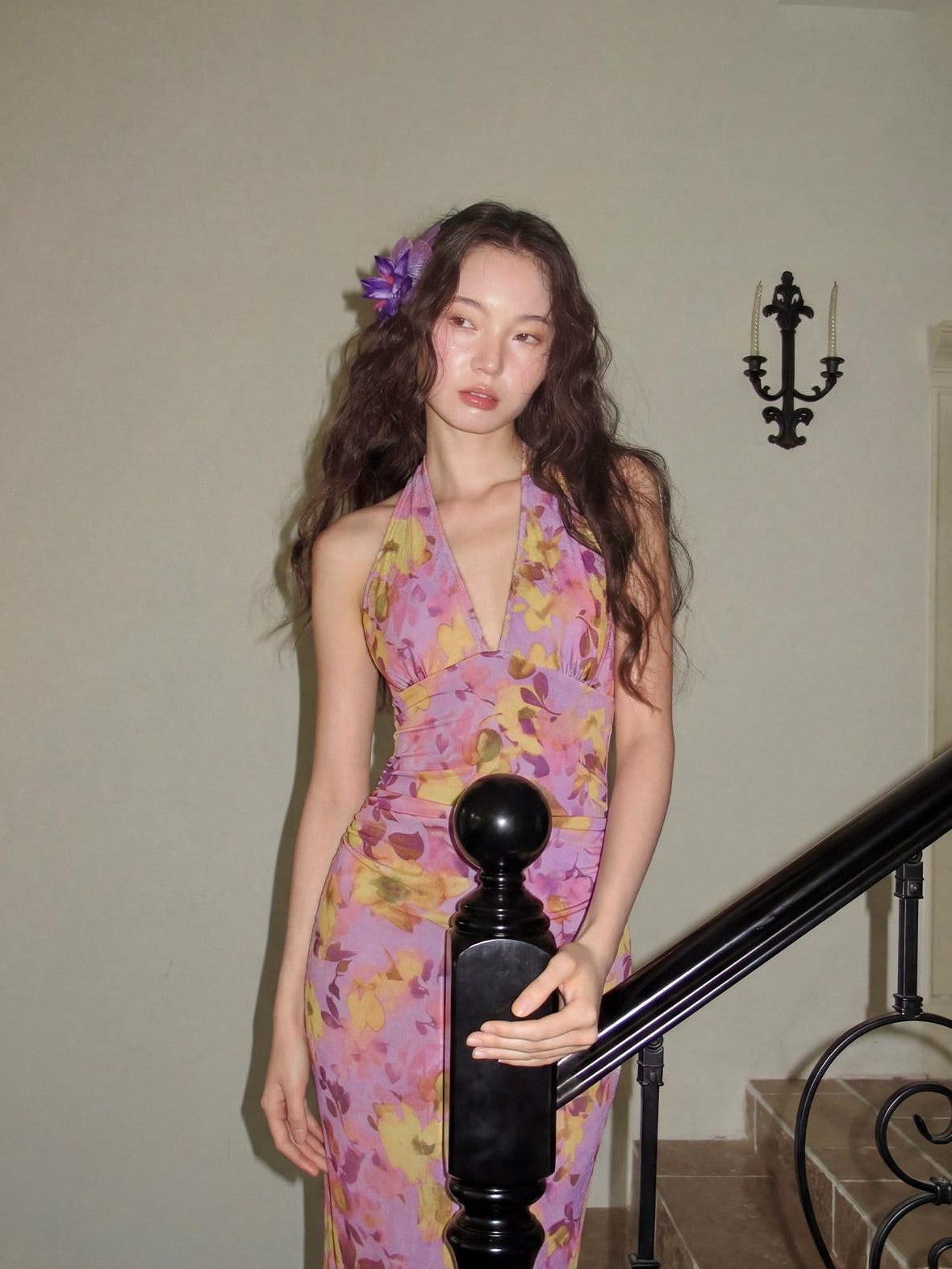 9rotic Purple Ombre Hibiscus V-neck Tie Waist Women&