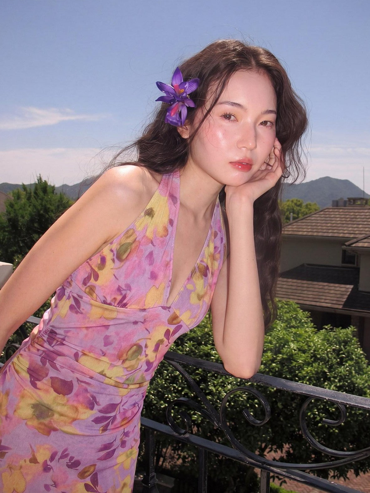 9rotic Purple Ombre Hibiscus V-neck Tie Waist Women&