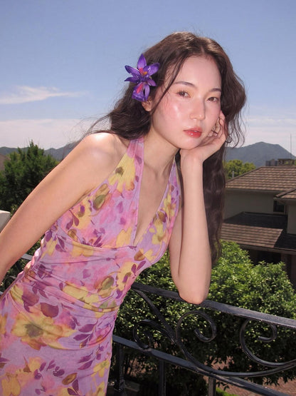 9rotic Purple Ombre Hibiscus V-neck Tie Waist Women&