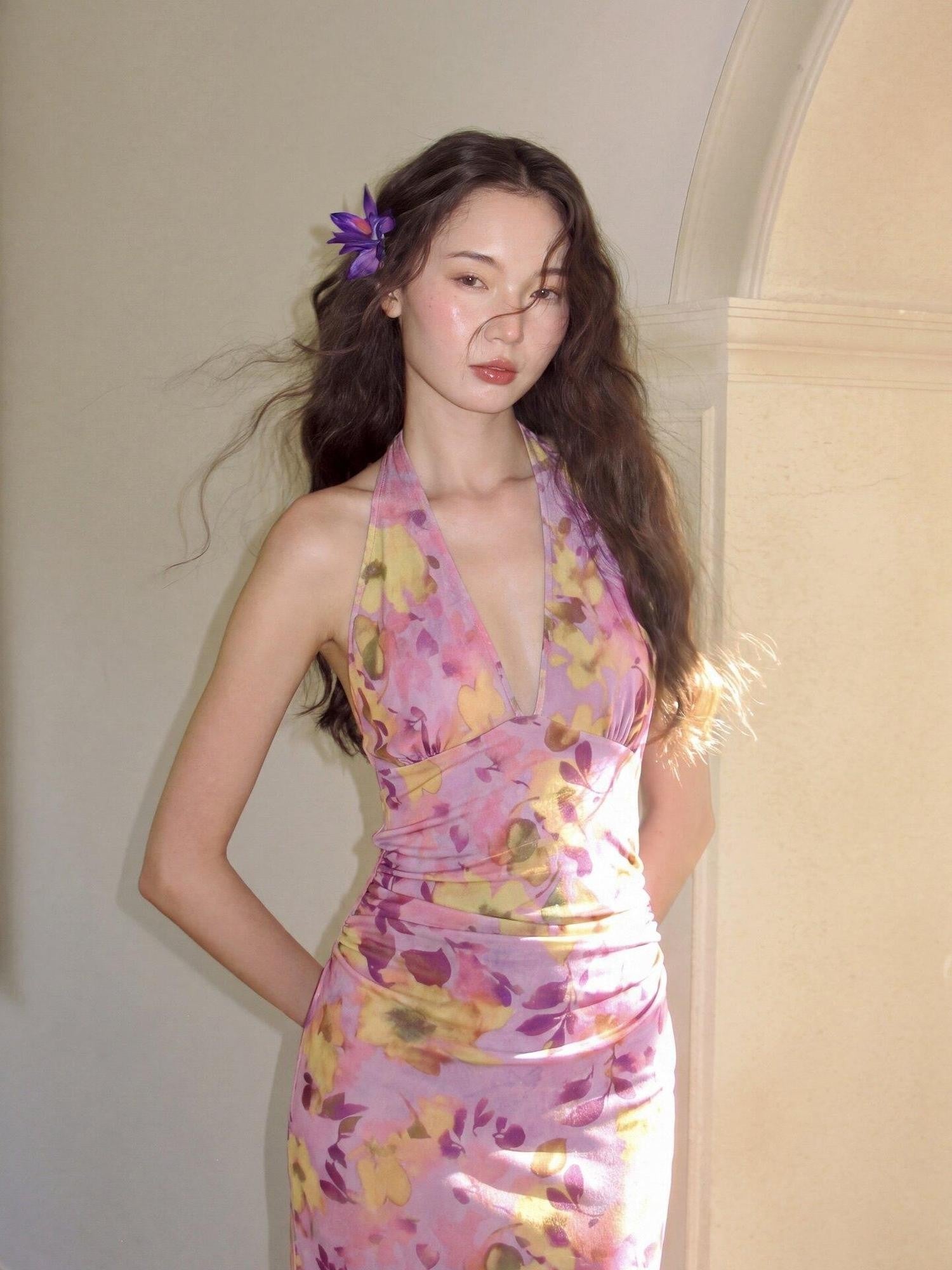 9rotic Purple Ombre Hibiscus V-neck Tie Waist Women&