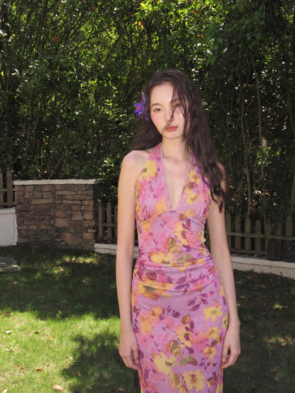 9rotic Purple Ombre Hibiscus V-neck Tie Waist Women&