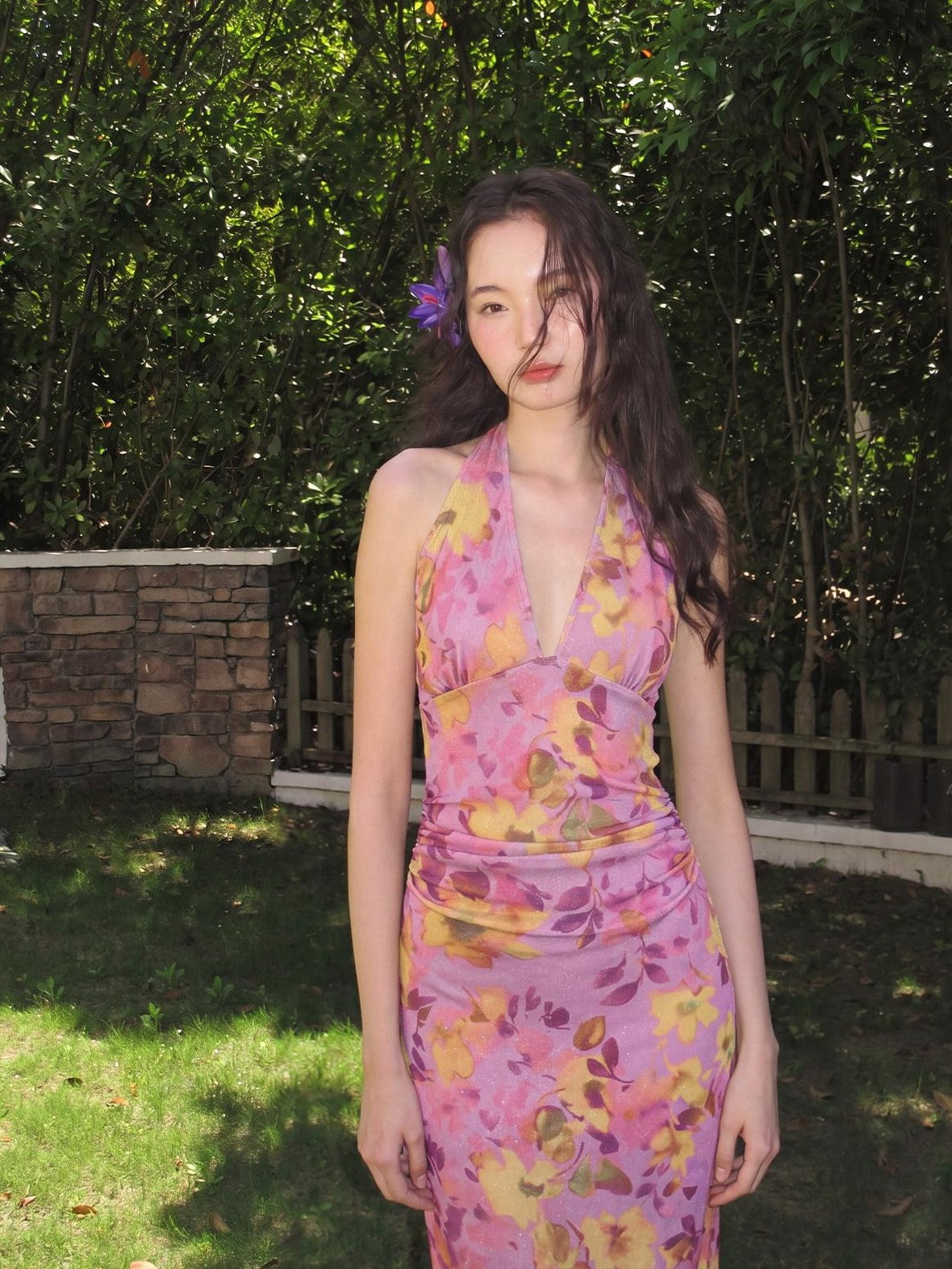 9rotic Purple Ombre Hibiscus V-neck Tie Waist Women&