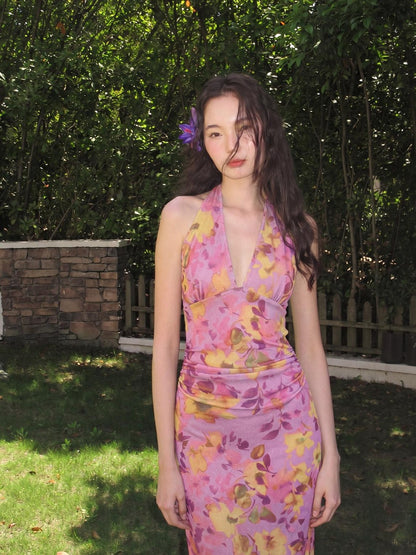 9rotic Purple Ombre Hibiscus V-neck Tie Waist Women&