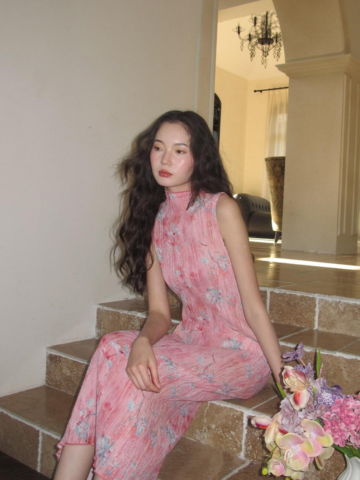 9rotic Soft Pink Ombre Floral Ruched Cinched Waist Women&