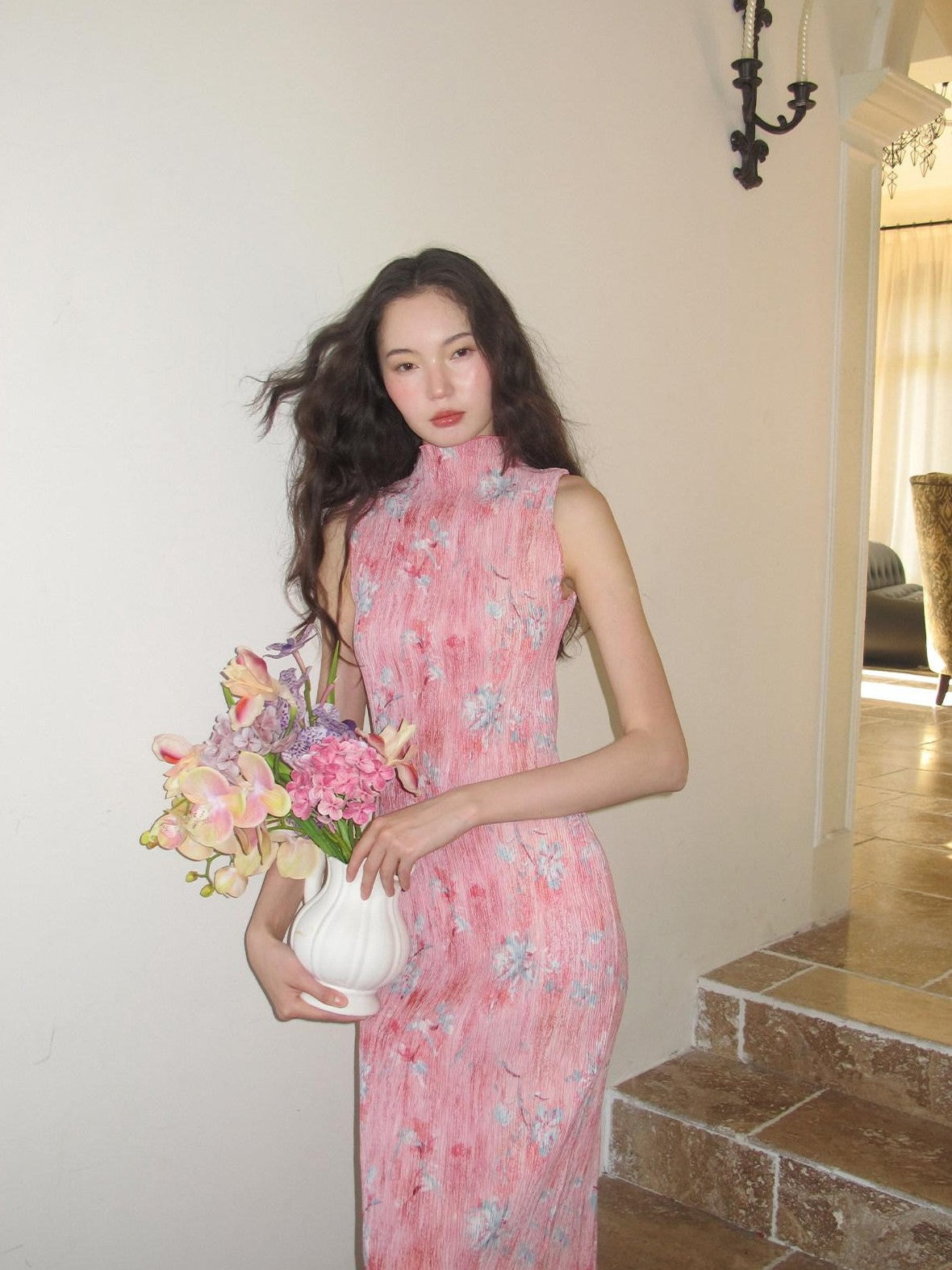 9rotic Soft Pink Ombre Floral Ruched Cinched Waist Women&