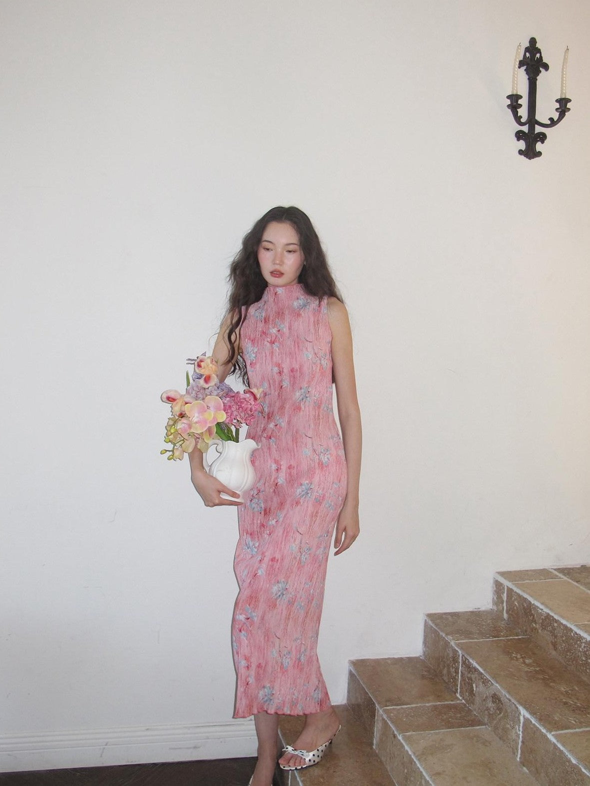 9rotic Soft Pink Ombre Floral Ruched Cinched Waist Women&
