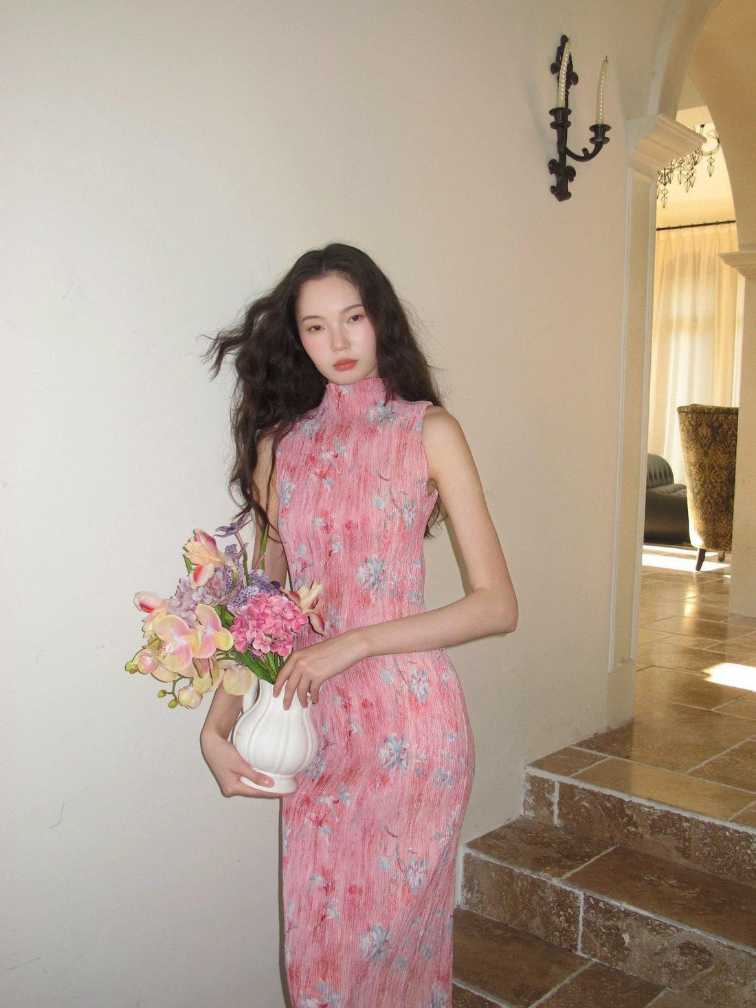 9rotic Soft Pink Ombre Floral Ruched Cinched Waist Women&