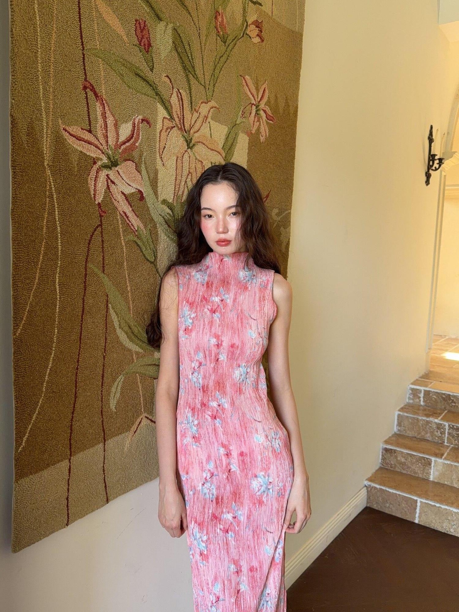 9rotic Soft Pink Ombre Floral Ruched Cinched Waist Women&