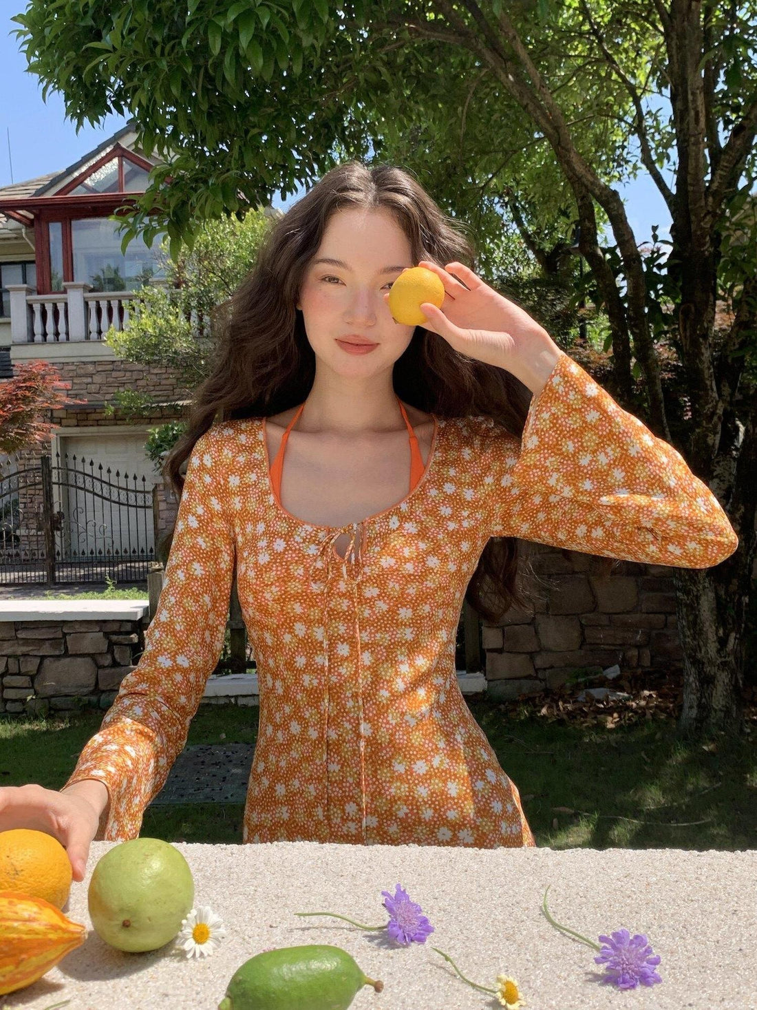 9rotic Vintage Orange Floral Bias Cut Tie Waist Bell Sleeve Women&
