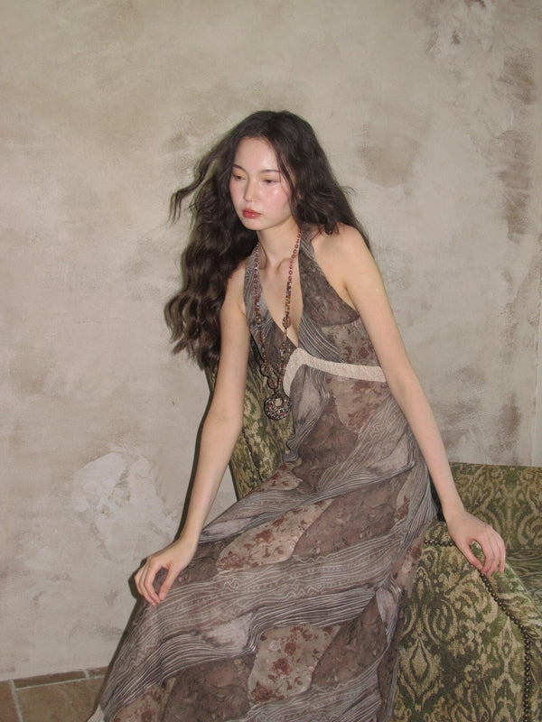 Vintage Washed Floral Lace V-neck Women's Polyester Halter Maxi Dresses