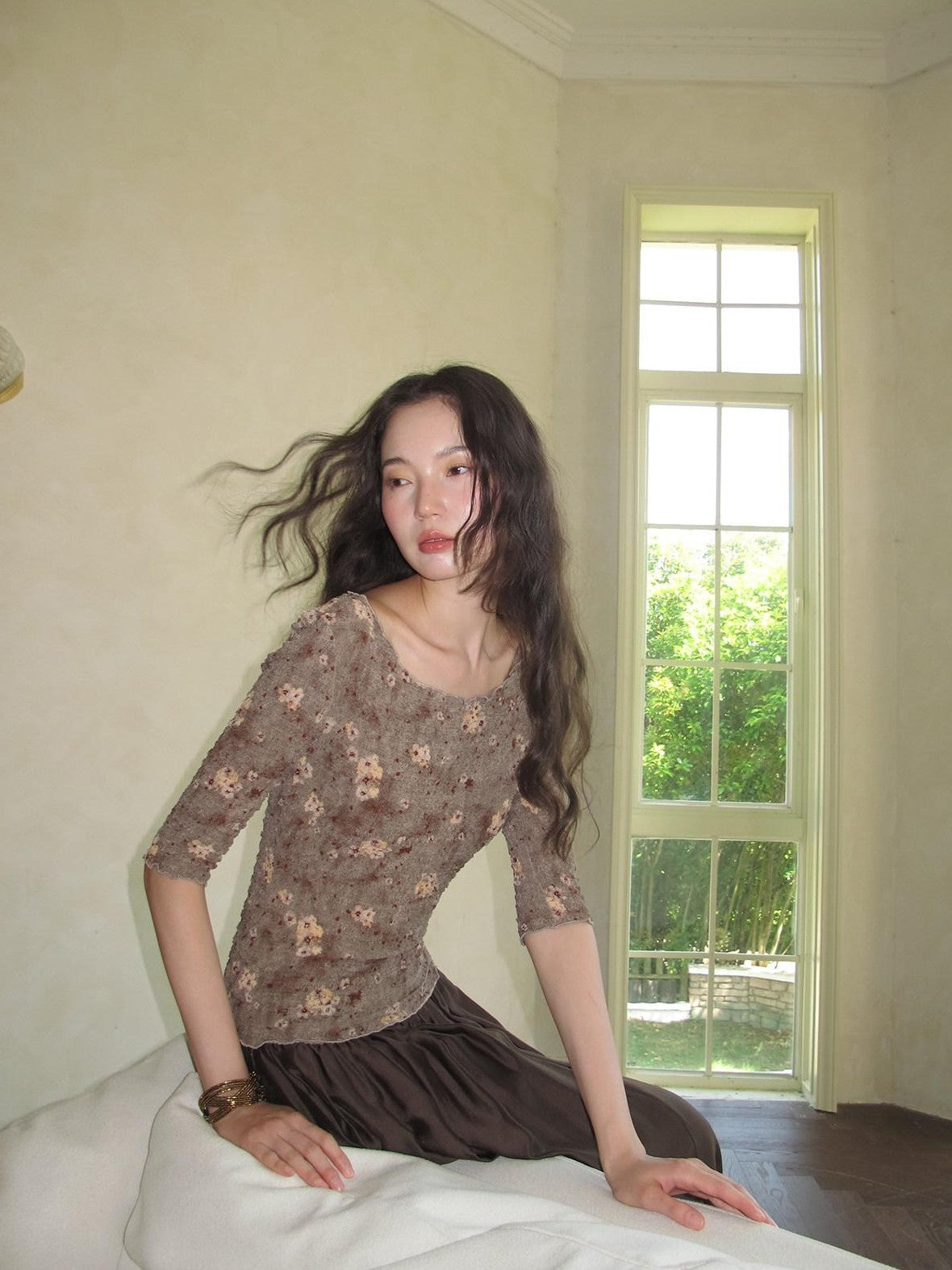 9rotic Wavy Edge Ruched Floral Cinched Waist Women&