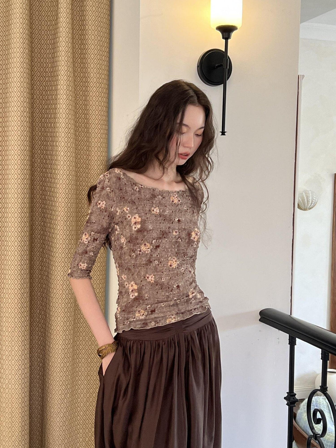 9rotic Wavy Edge Ruched Floral Cinched Waist Women&