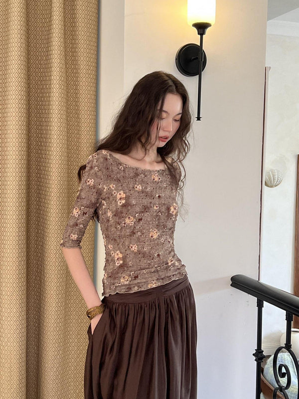 Wavy Edge Ruched Floral Cinched Waist Women's Polyester Short Sleeve T-shirts
