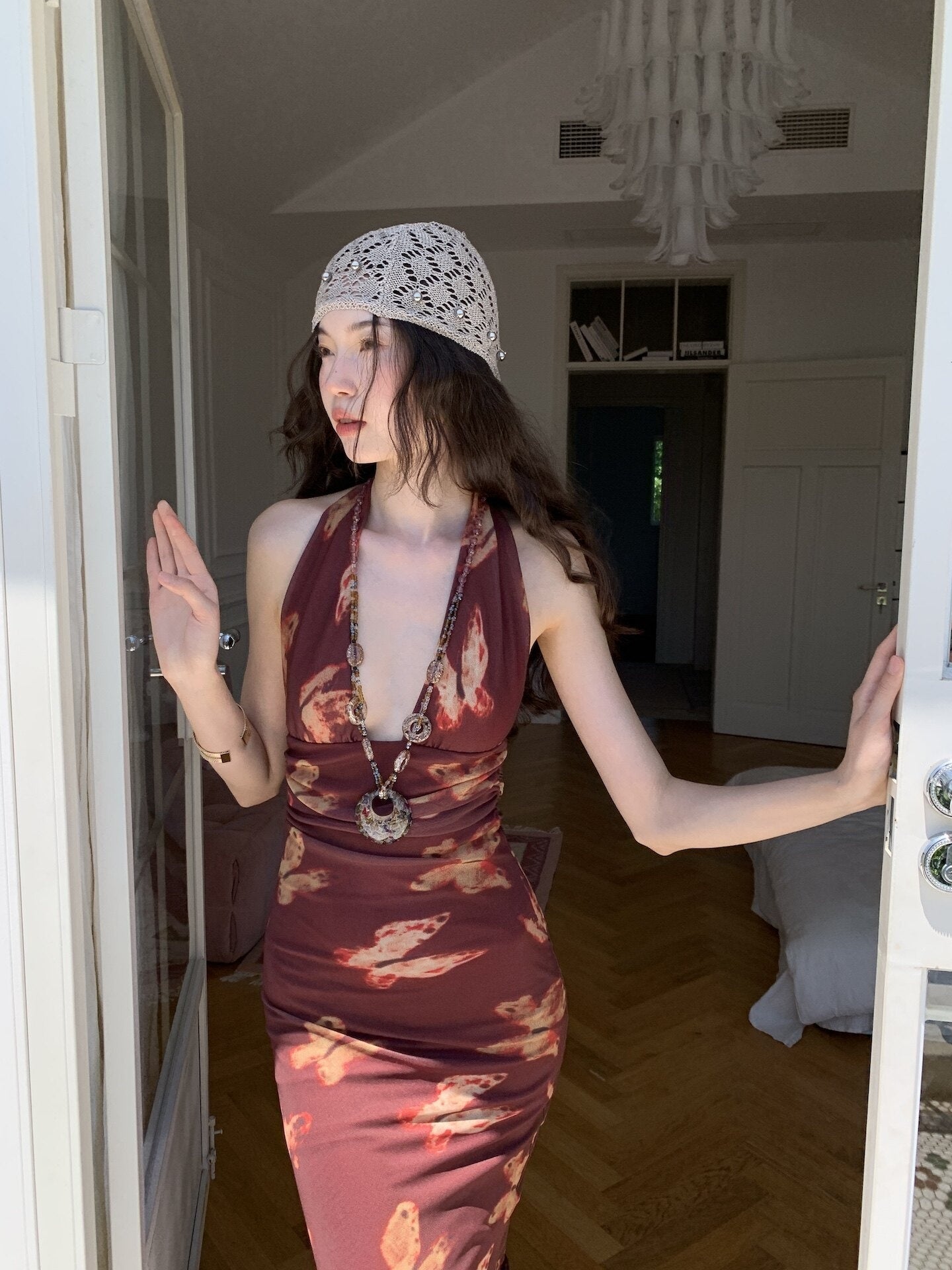 9rotic Wine Red Butterfly Print Halter V-neck Women&