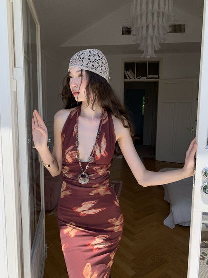 9rotic Wine Red Butterfly Print Halter V-neck Women&