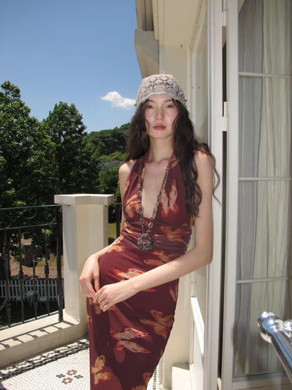 9rotic Wine Red Butterfly Print Halter V-neck Women&