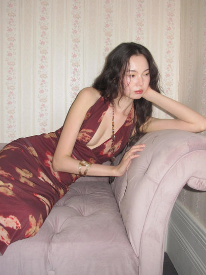 9rotic Wine Red Butterfly Print Halter V-neck Women&