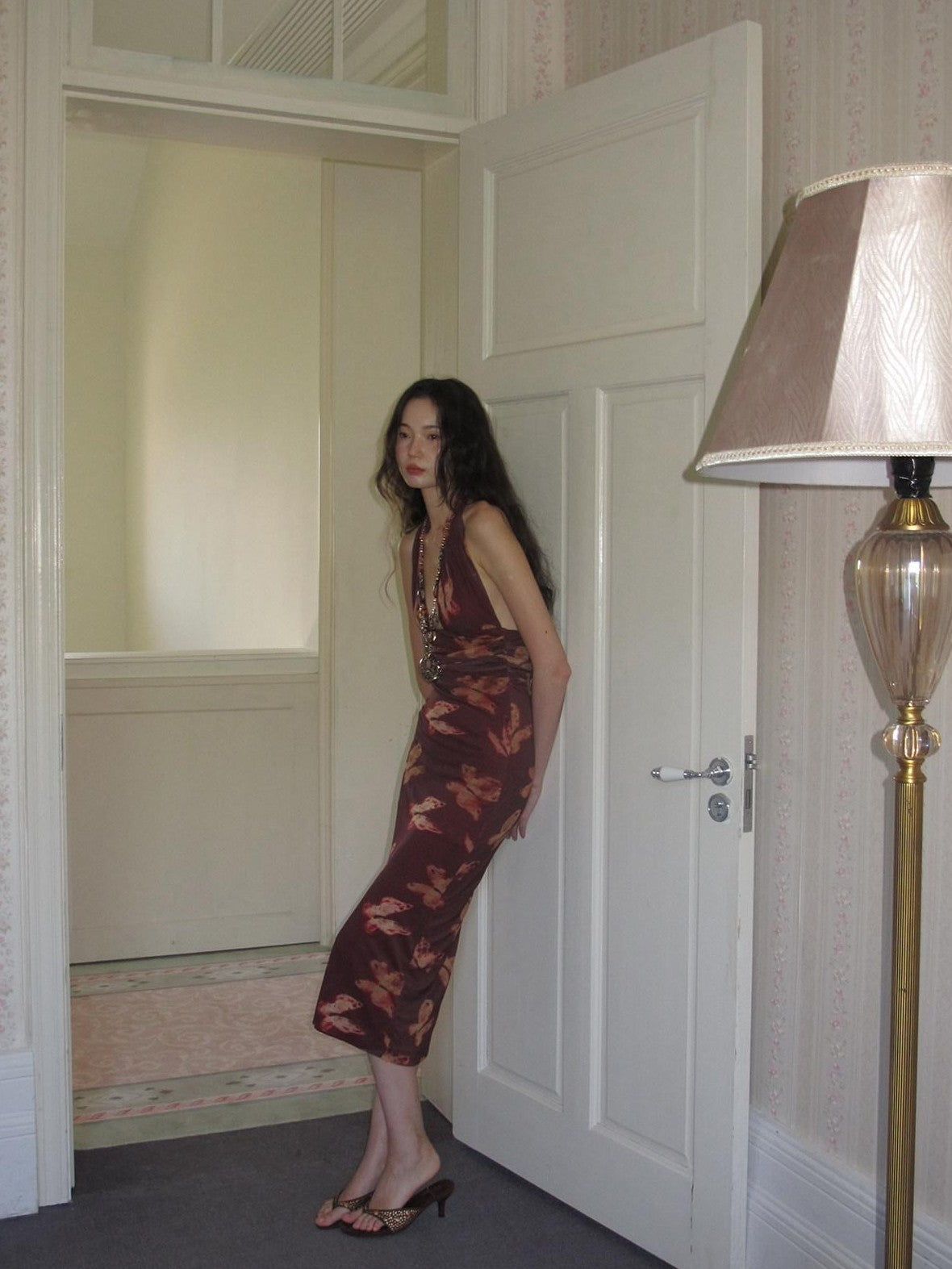 9rotic Wine Red Butterfly Print Halter V-neck Women&