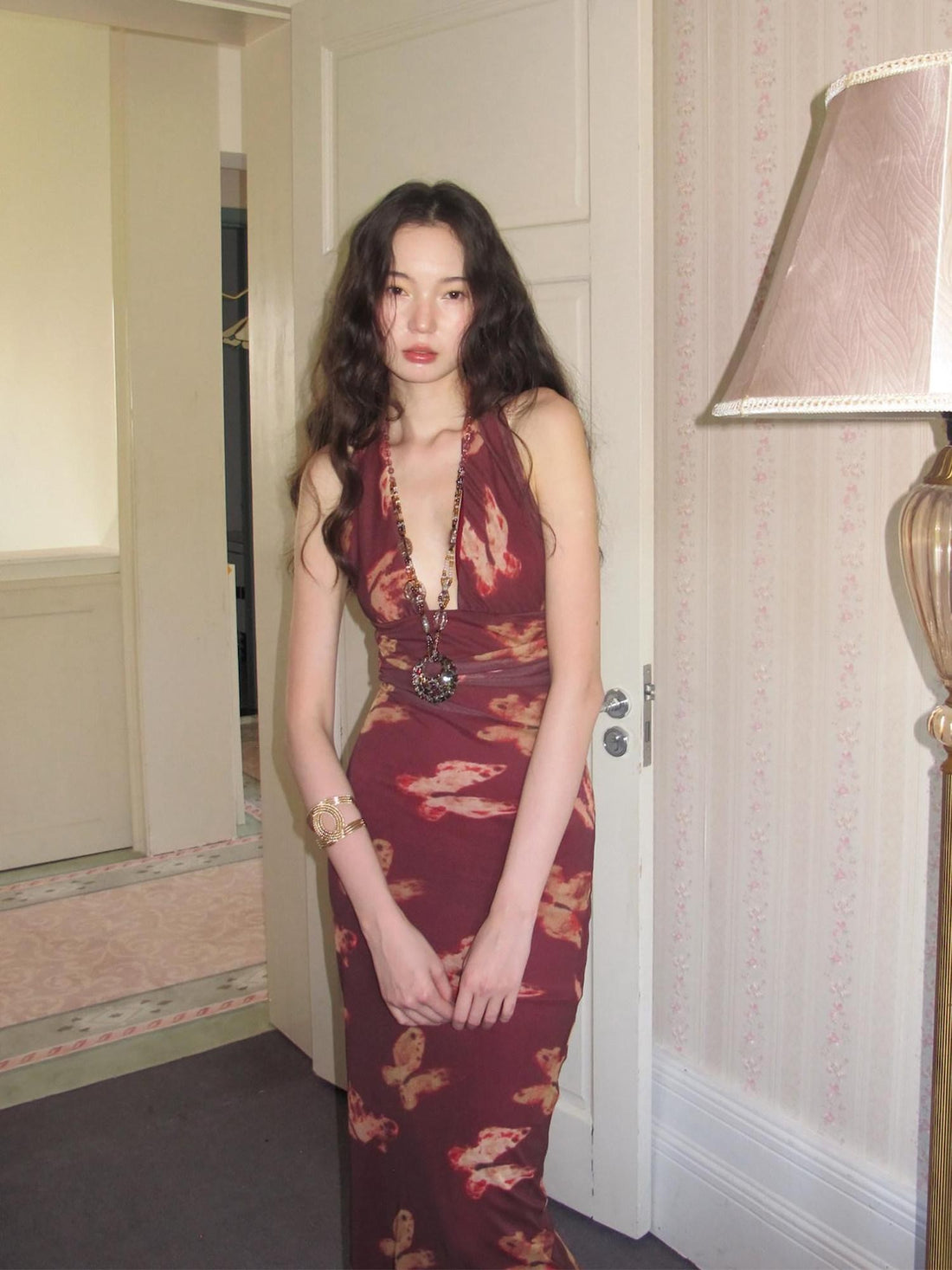 9rotic Wine Red Butterfly Print Halter V-neck Women's Polyester Shirt Maxi Dresses – MISSTT