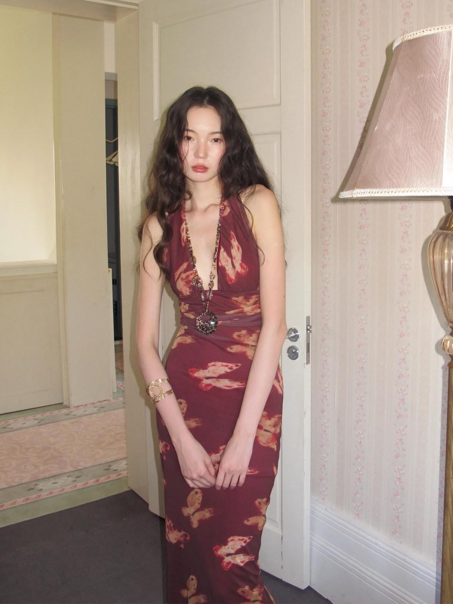 9rotic Wine Red Butterfly Print Halter V-neck Women&